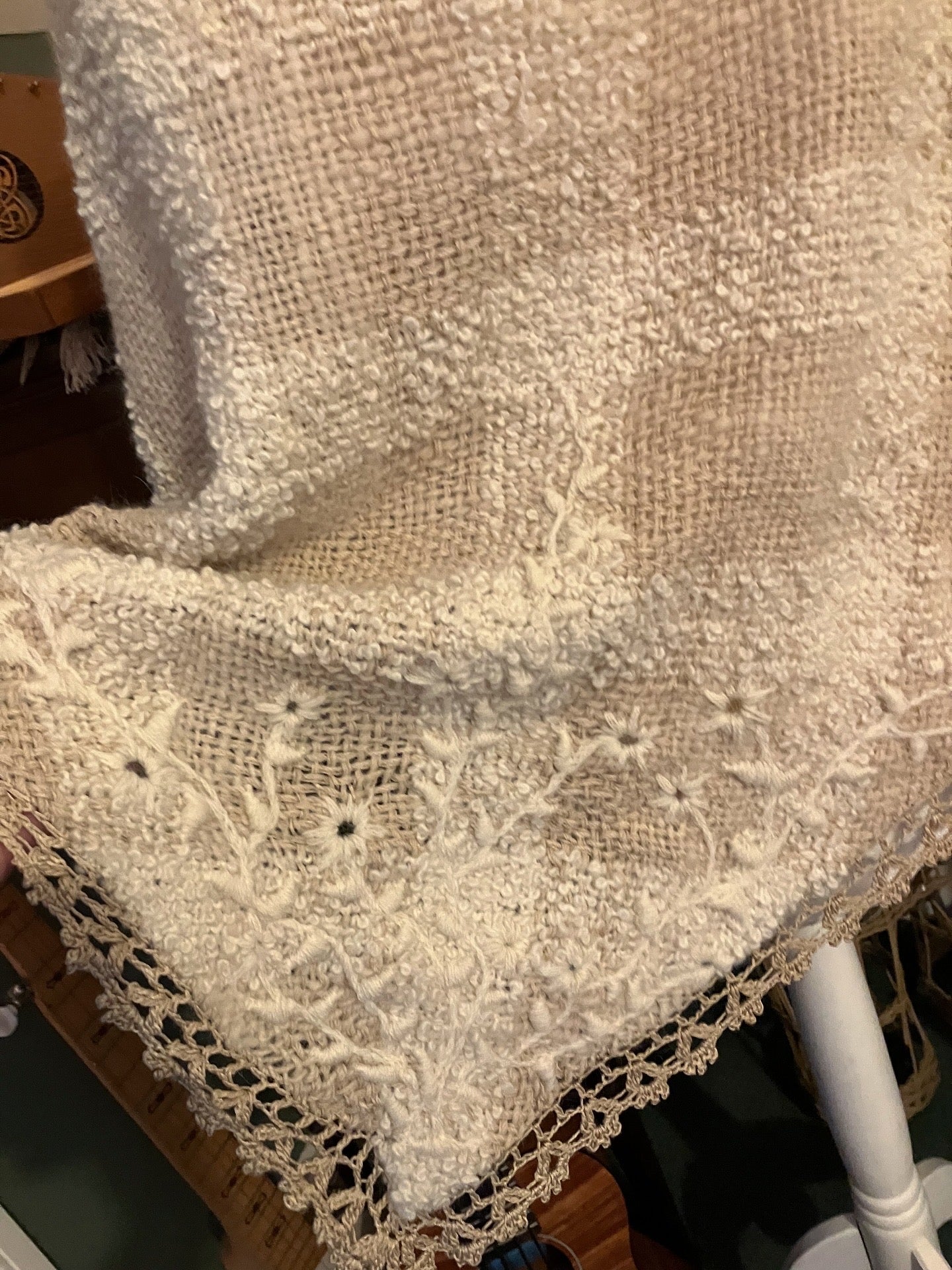 Bridal shawl — Ayrshire whitework on handwoven Highland cloth
